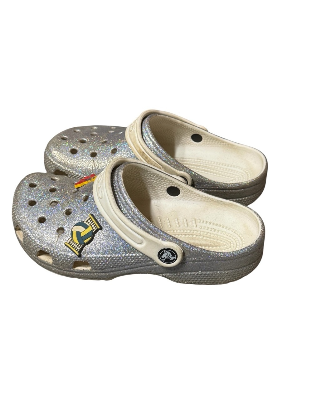 Crocs Classic Silver Glitter Clogs Youth Size J3 Sparkly Girls Shoes w/ Charms